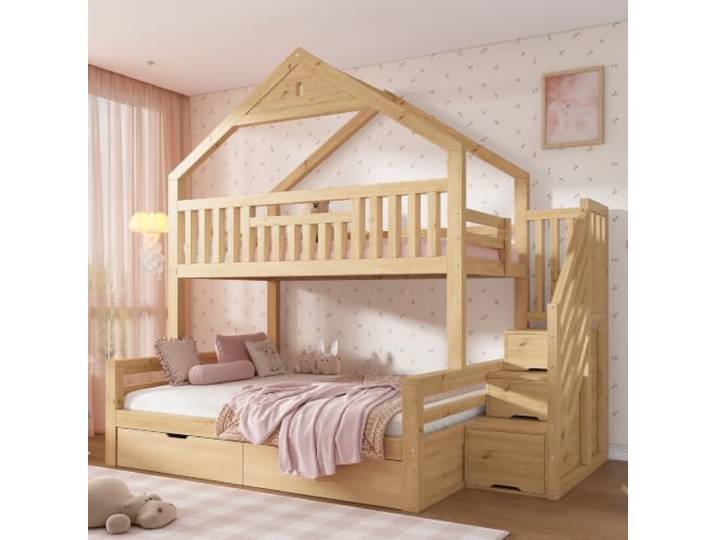 BXEYXE Kinderbett Etagenbett 90x200 & 140x200cm - Hausbett Holz mit Treppe, 2 Schubladen, Giebeldach, Familienbett, EN 747, Eichefarben (ohne Matratze)
