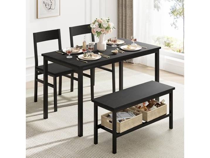 Zstar 4-teiliges Essgruppe Set – Moderner Esstisch mit 2 Stühlen & Bank – Mit Ablagefach, robustem Metallgestell und Holzoptik – Ideal für Küche, Apartment & kleine Esszimmer – Farbe: Schwarz