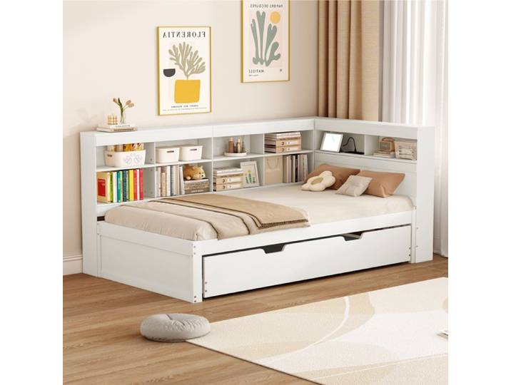 Lit gigogne 90x200 cm EVRYAE - avec lit gigogne 90x190 USB et plusieurs rangements pour 2 personnes - Bois - Blanc