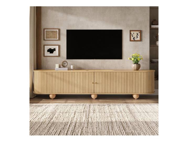 BlingBin TV-Schrank 180x35x45 cm Rundungen TV Lowboard, Fernsehschrank (1er Set, 1-St., Gewichtskapazität: 30kg) TV Möbel mit vertikal geriffelte Schiebetüren für Wohnzimmer, Natur