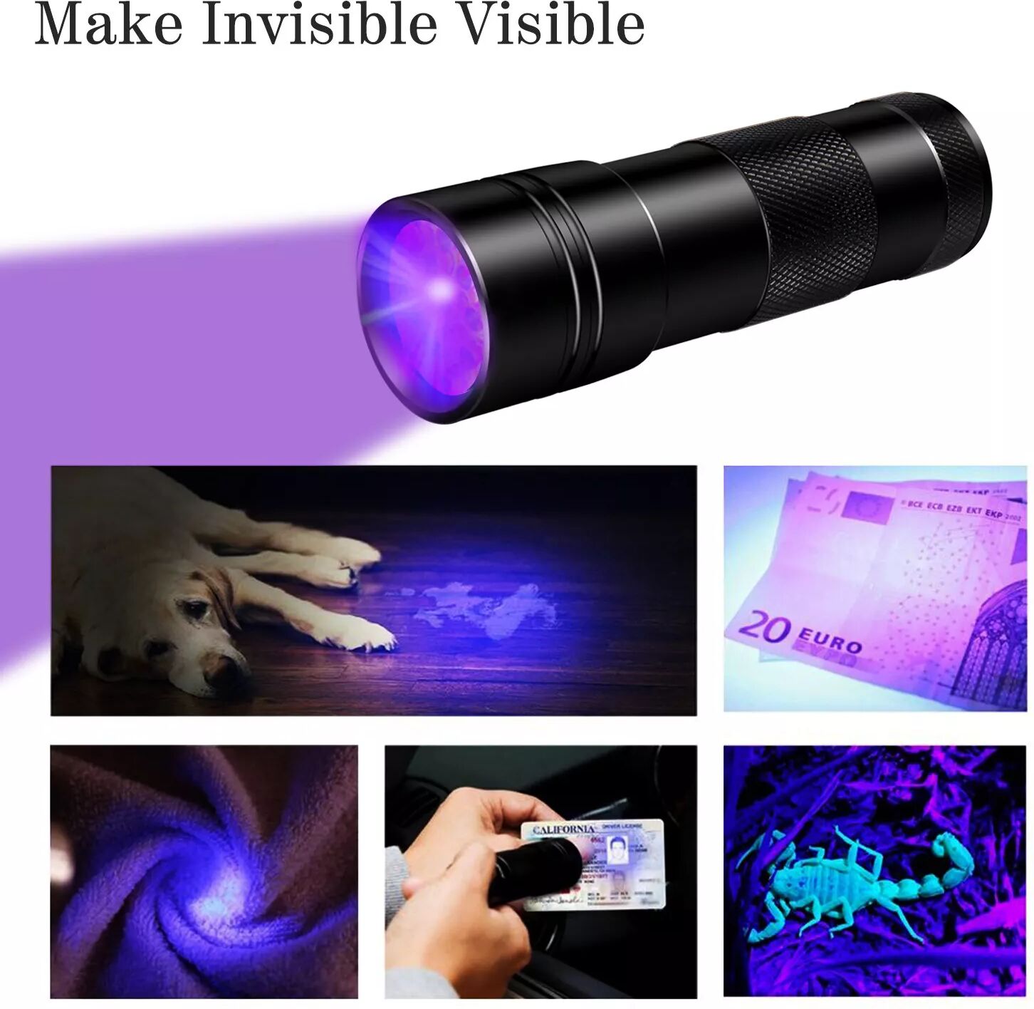 INF Lampe de poche UV noire avec 12 LED 395 nm