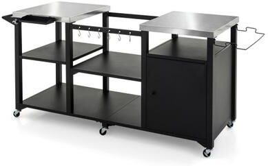 Costway Outdoor Grill Cart with Cabinet Stainless Steel Tabletop and Hooks-Black