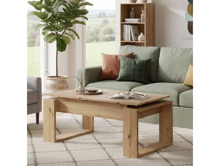 Dmora - Flint-Couchtisch, Couchtisch mit hochklappbarer Platte, niedriger Wohnzimmertisch, 105 x 55 x 45/56 cm, geknotete Eiche