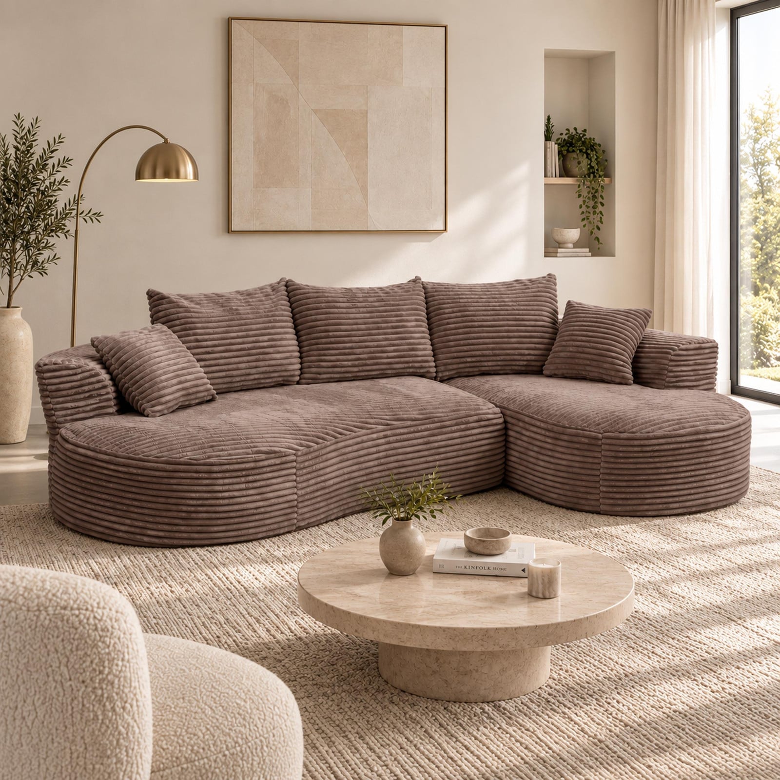 Mendler Bankstel HWC-P19, 3-zits loungestoel met recht ligvlak, bruin, stof/textiel cord