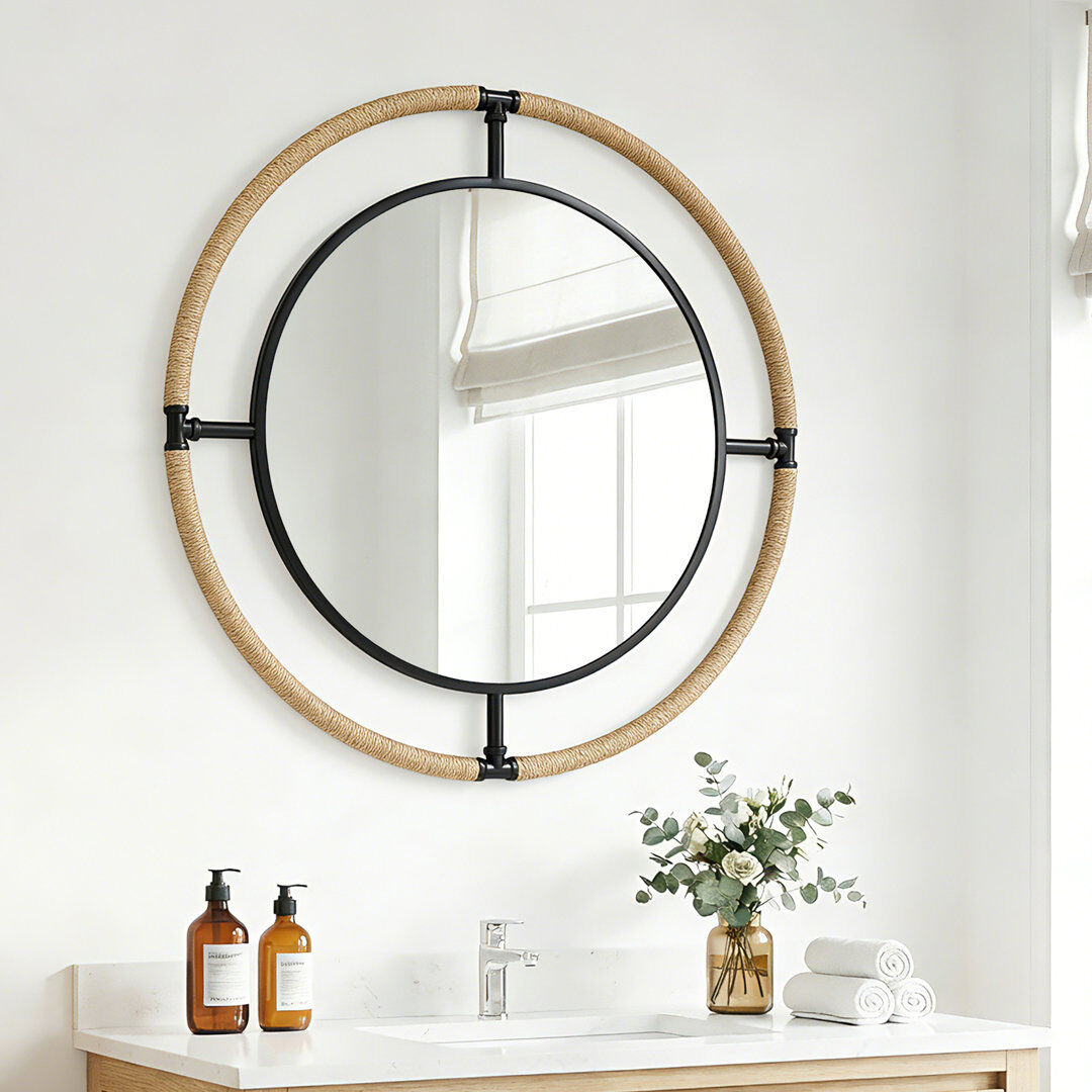 Metro 80cm Round Accent Mirror With Rope Frame Black;Brown Wood