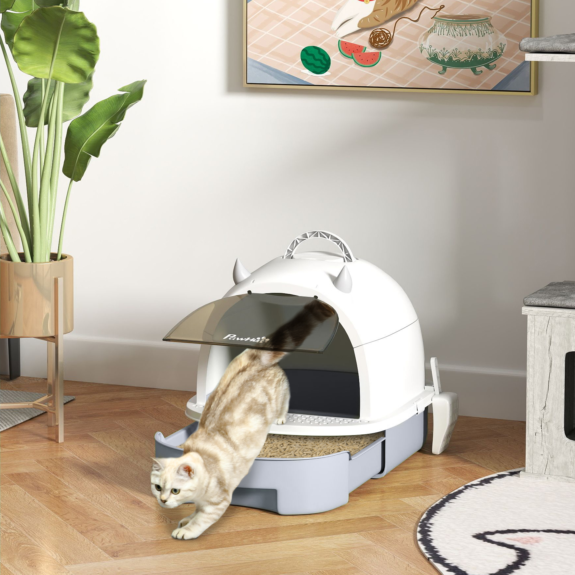 Pawhut Lettiera per Gatti Chiusa con Vassoio Estraibile, Paletta e Filtro ai Carboni Attivi, Grigio