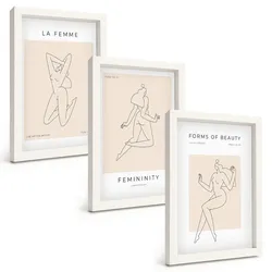 BILDER SET 3er Set - 20x30 cm Weißer Rahmen - Poster mit minimalistischen Frauensilhouetten