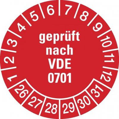 König Werbeanlagen Prüfplakette ab 26, geprüft ab 26 nach VDE 0701, rot/weiß, Ø 30 mm - Bogen = 10 Plaketten - 30 mm Folie selbstklebend