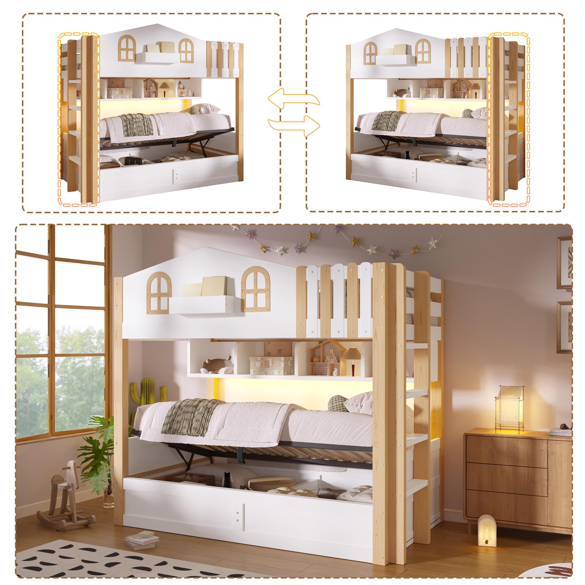 Etagenbett, 90x200cm, Hausdesign, Hydraulische Lagerung, mit LED Leuchten, offenem Staufach, Leiterposition optional, Ohne Matratze, Weiß und Natur