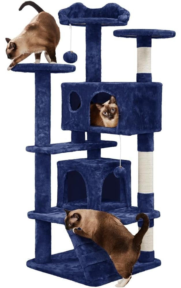 Famanu Kattenboom met 2 verborgen plekjes - Marineblauw - Hoogte: 139 cm