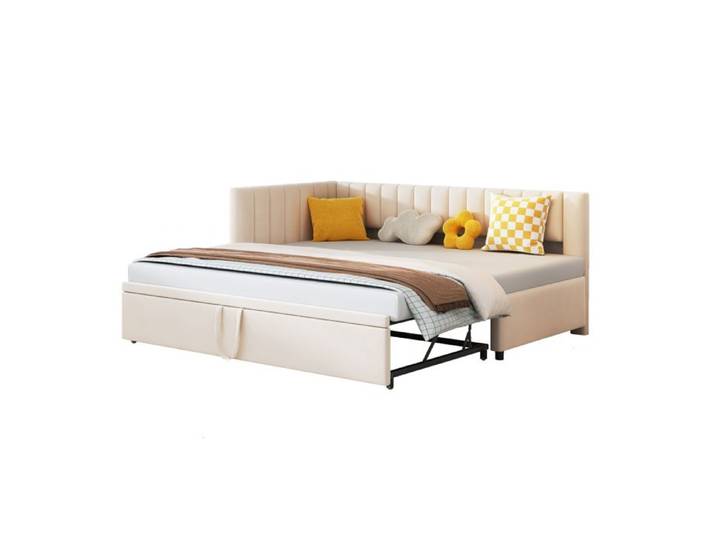Canapé-lit multifonction en L avec lit gigogne 90/180x200 cm tissu velours beige design gain de place pour enfants