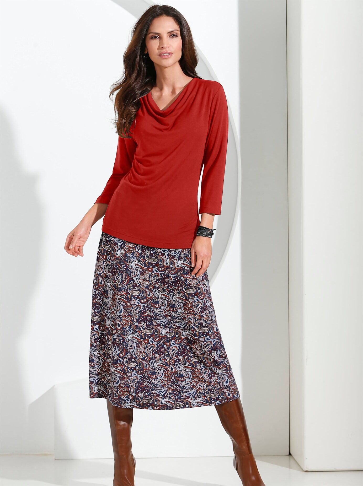 Wasserfallshirt INSPIRATIONEN "Shirt", Damen, Gr. 36, braun (zimt), 95% Viskose, 5% Elasthan, unifarben, Wasserfallausschnitt, Shirts Wasserfallshirt zimt 36