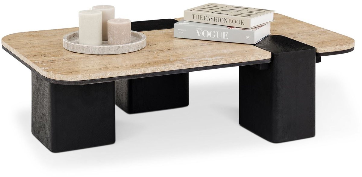 Salontafel SURAT met travertijn en mangohout – beige/zwart
