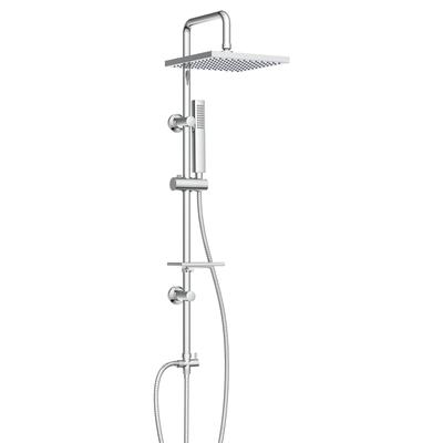 Stangenbrause-Set WELLTIME "LINA", silber (chromfarben, eckig), H:105cm T:34cm, Messing, Brausegarnituren, Überkopfbrause mit Seifenablage, 20 cm Kantenlänge.