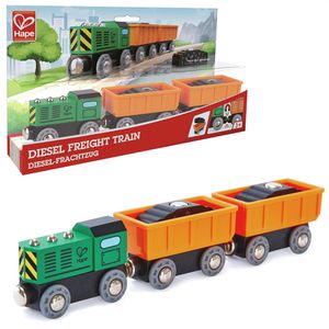 Hape Spielzeugeisenbahn E3718 Diesel-Frachtzug, aus Holz, mit 2 Waggons und Ladung