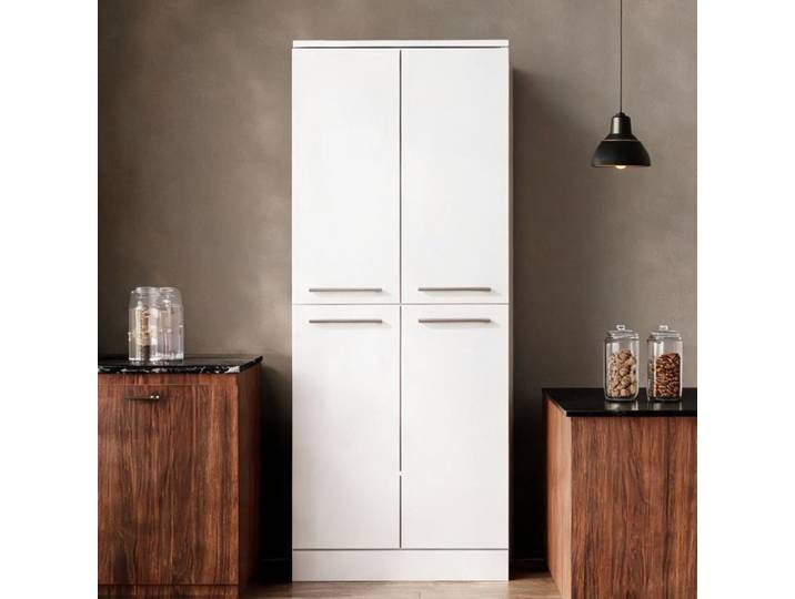 Buffet haut blanc brillant 4 portes en MDF 76x42x180 cm – Rangement cuisine contemporain