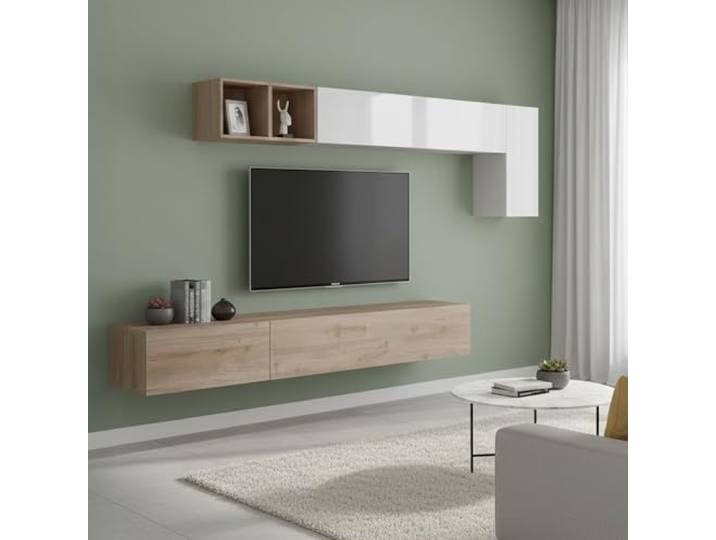 Dmora - Wohnzimmermöbel Talvacchia, Modulares Wohnzimmerset, Mehrzweck-Wohnzimmermöbel, TV-Schrank, Made in Italy, 276x30 h180 cm, Glänzendes Weiß und Eiche
