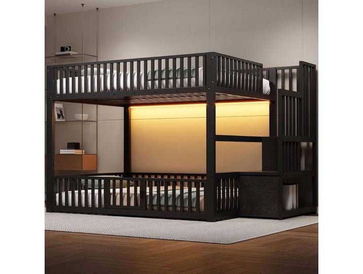 Lit superposé - Modèle moderne - Structure métal - LED intégrée - Échelle avec rangement