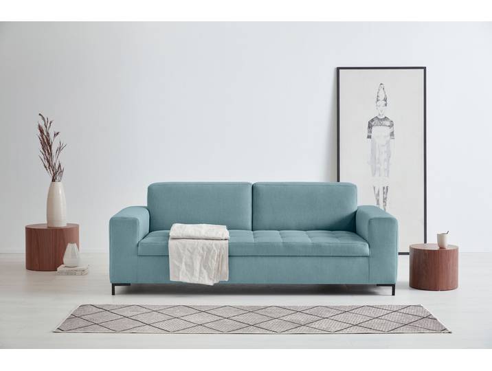 3-Sitzer GOODPRODUCT Grazzo, zeitlos und elegant, moderne Sitzheftung , blau (eisblau), B:218cm H:80cm T:90cm, 100% Polyester (recycelt), Sofas, 3-Sitzer, hochwertige Stoffe aus recyceltem Material, Steppung im Sitzbereich