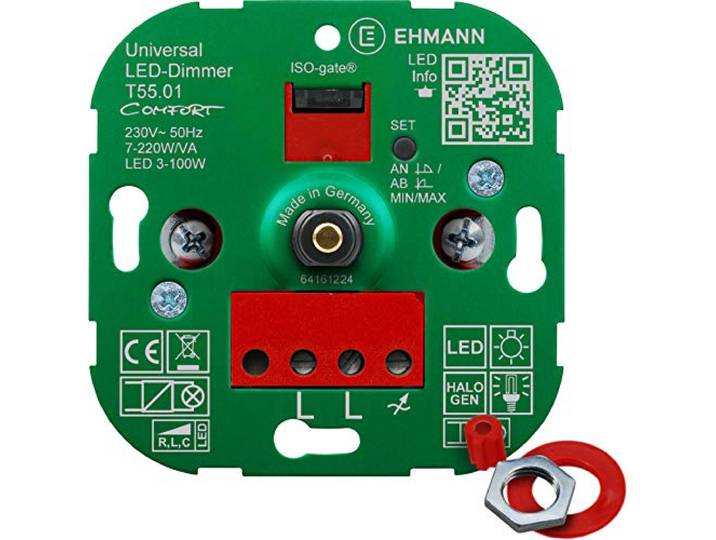 EHMANN 5500x0100 T55.01 Universele dimmer Comfort met ISO-Gate technologie, inbouw-draaidimmer, dimprincipe vrij te kiezen, vermogen: LED 3-100W, 7-220W/VA