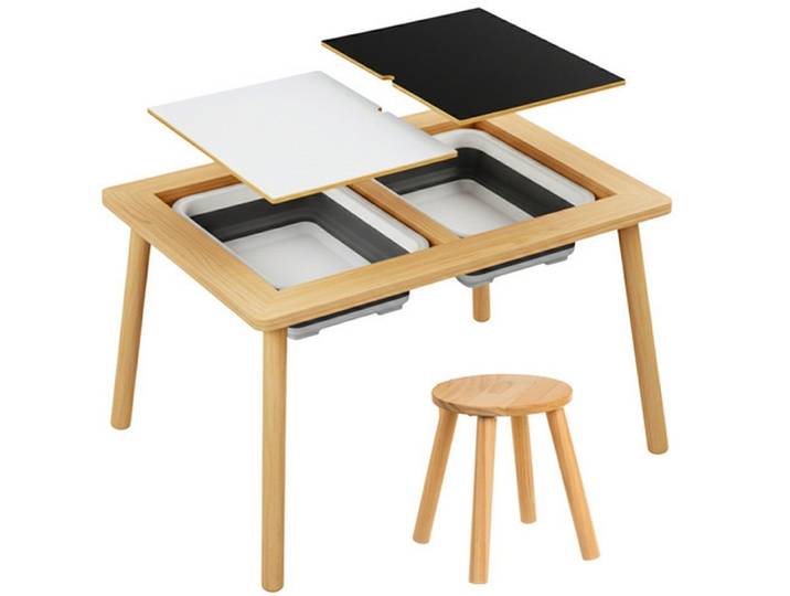 KRUZZEL Kindertisch Holz-Lerntisch Spieltisch (Spar-Set, Vielseitigkeit), Doppelseitige Tischplatte & herausnehmbare Behälter