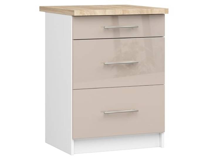 AKORD Küchenschrank mit Arbeitsplatte - Oliwia S60 Küchenunterschrank mit 3 Schubladen Unterschrank Küche 60 cm Breit ABS-Kante 18 mm 46 x 60 x 85 cm Weiß & Cappuccino Glanz