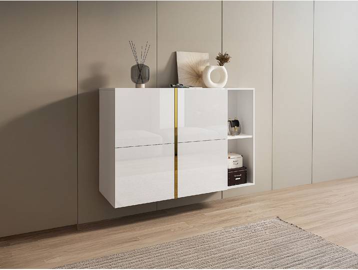 Schuhschrank - 4 Klappenfächer & 2 Nischen - Weiß & Gold - MARZIALO