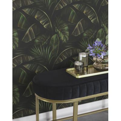 Papiertapete RASCH "mit exotischen Blättern", grün (grün,schwarz), B:0,53m L:10,05m, Papier, Tapeten, mit Palmenblättern