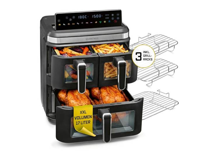 GOURMETmaxx Heißluftfritteuse GOURMETmaxx Heißluft-Fritteuse 3000W schwarz/ Edelst. 17l 3 Kammern inkl. Grillrost & Sichtfenst, 3000 W, Heissluftfritteuse XXL, Air Fryer Frittesue ohne Öl, Heißluftfriteuse