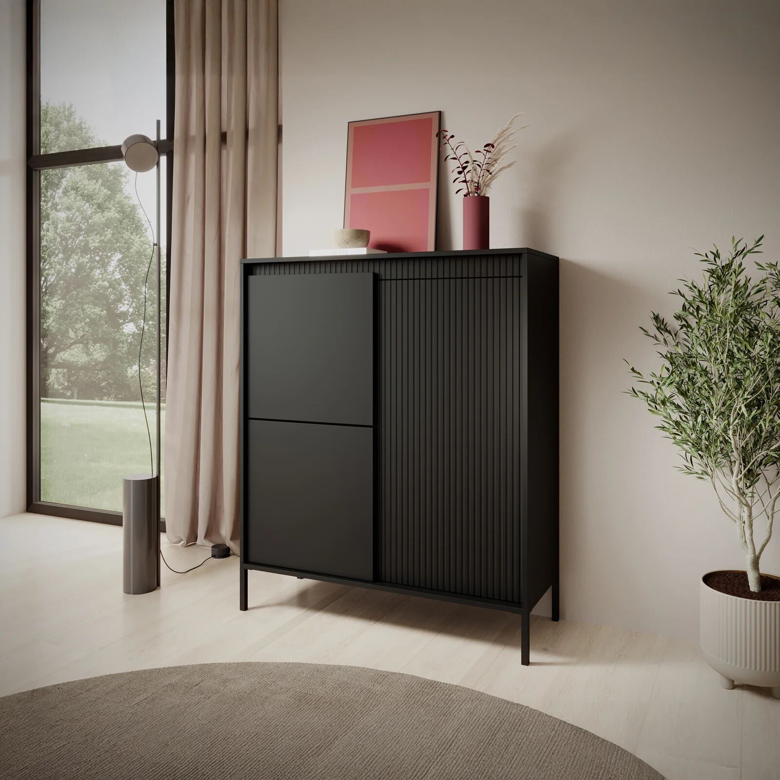 garneroarredamenti Credenza alta 104x124h cm 3 ante nero opaco cannettato Ciar