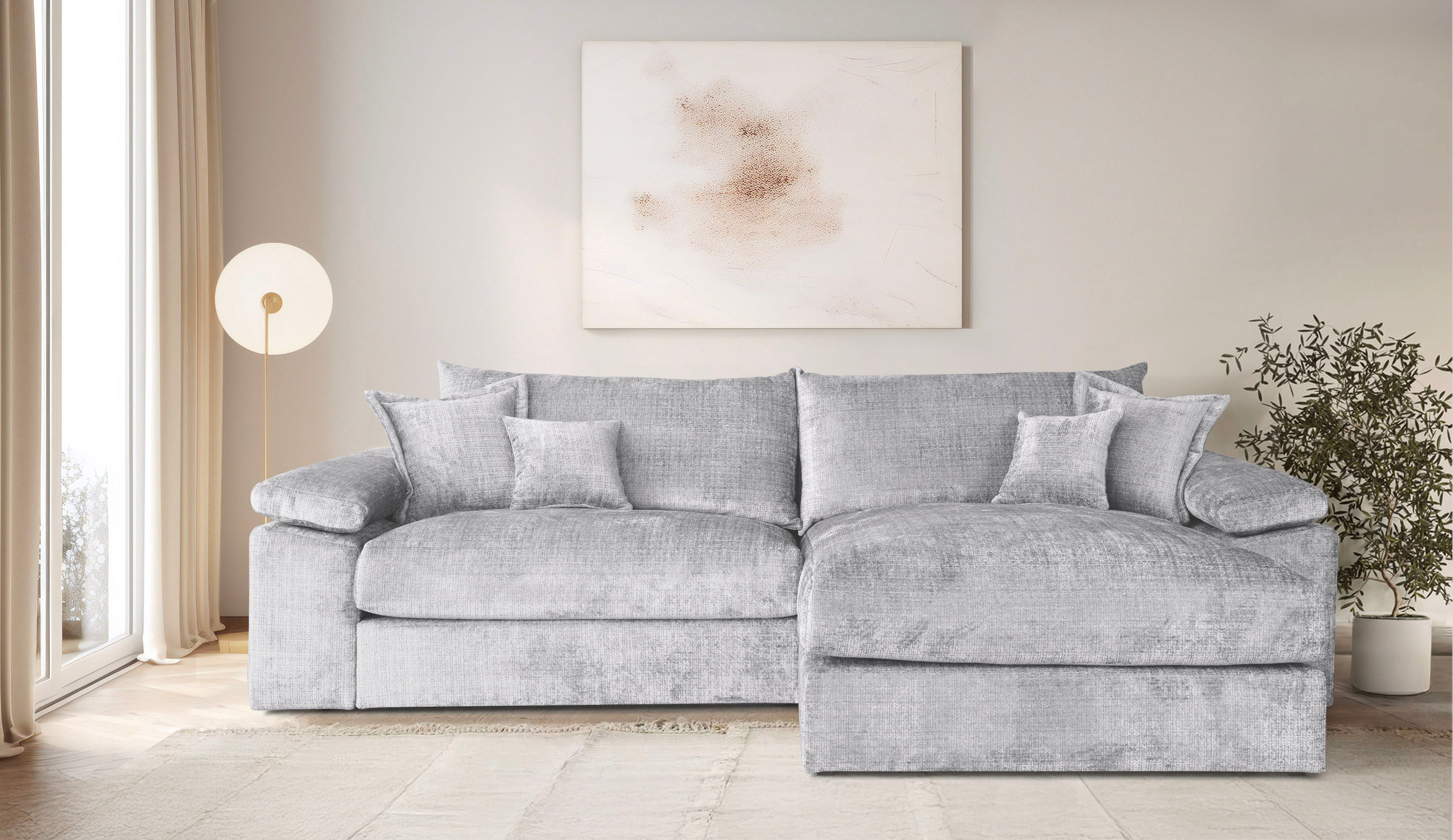 Ecksofa GOODPRODUCT "Soft&Cosy XXL L-Form, B: 303 cm - OTTO. Verlässliche Qualität.", grau (hellgrau), B:303cm H:93cm T:187cm, 100% Polyester, Sofas, Ecksofa, Mega-Sofa, Cord oder Chenille-Struktur, mit Federkern & 4 Zierkissen hellgrau B/H/T: 303cm x 93c
