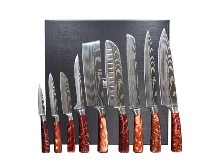 Chefino Damastmesser Set 9-teilig – Küchenmesser Set mit Kochmessern, Brotmesser, 2 Santoku – Hochwertiger Edelstahl, Laser Damaskus Optik, ergonomische Griffe – In edler Geschenkbox