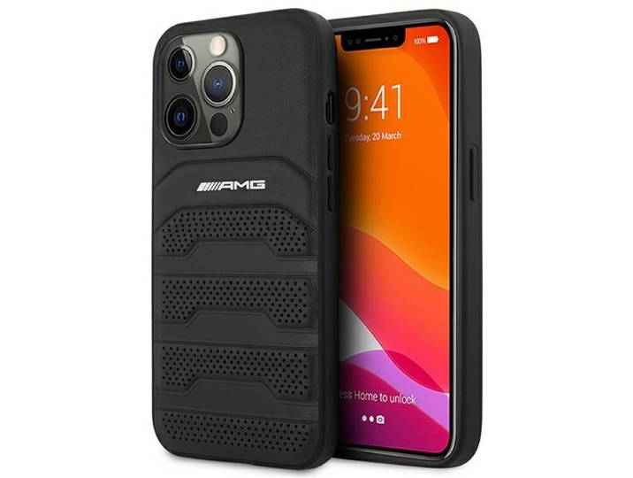 Coque Rigide En Cuir Noir/noir Pour Iphone 14 Pro 6\,1\ Amg Amhcp14lgsebk Avec Lignes En Relief