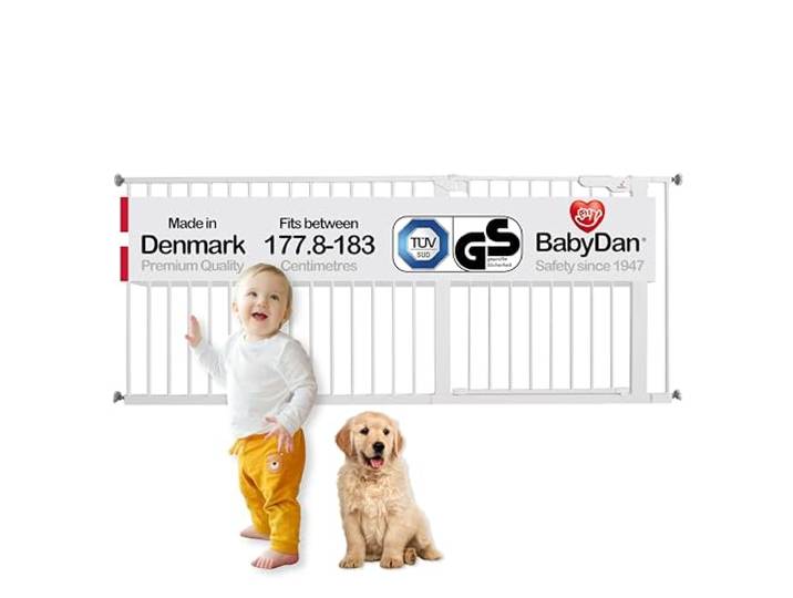 BabyDan Premier, Extra breit Ohne bohren Treppenschutzgitter, 177,8-183 cm, Babygitter/Sicherheitsgitter, Metall, Weiß, Hergestellt in Dänemark - (Haustiergitter/Hundegitter)