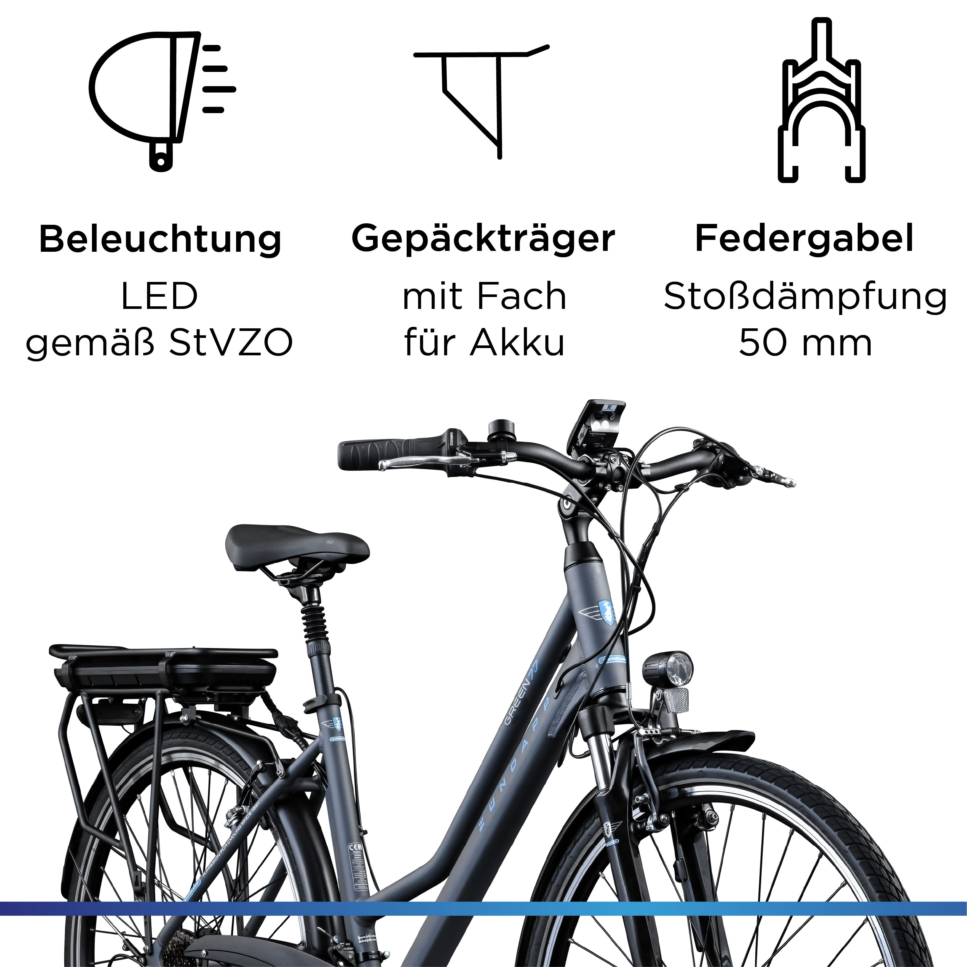 E-Bike ZÜNDAPP "Green 7.7 Damen" Gr. 48, grau (blau, grau), Elektrofahrräder, Damen, 48cm, 28 Zoll (71,12cm), Pedelec, Elektrofahrrad für Damen