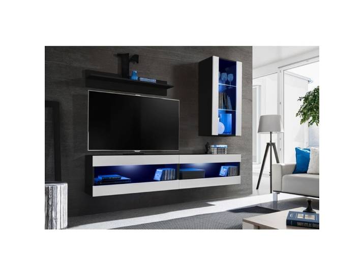 Ensemble Meuble TV Komodee TIVOLI SET5 - LED Bleues - Espace ouvert Noir Blanc 35 x 200 x 195 cm