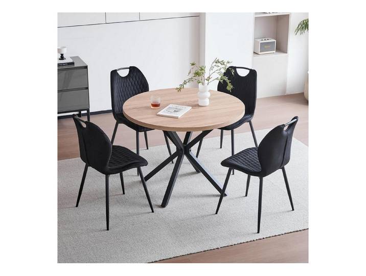 LuxusKollektion Essgruppe Esstisch Stuhlset 5teilig rund 4Stühle Helle Holzmaserung + Schwarz
