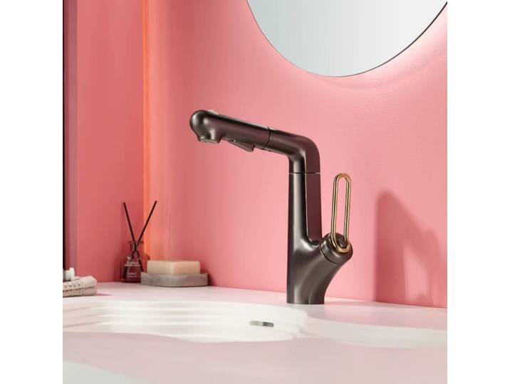 Robinet de salle de bains extractible en laiton coloré réglable, pour lavabo, eau froide et chaude, robinet de lavabo domestique mixte gris/or brossé