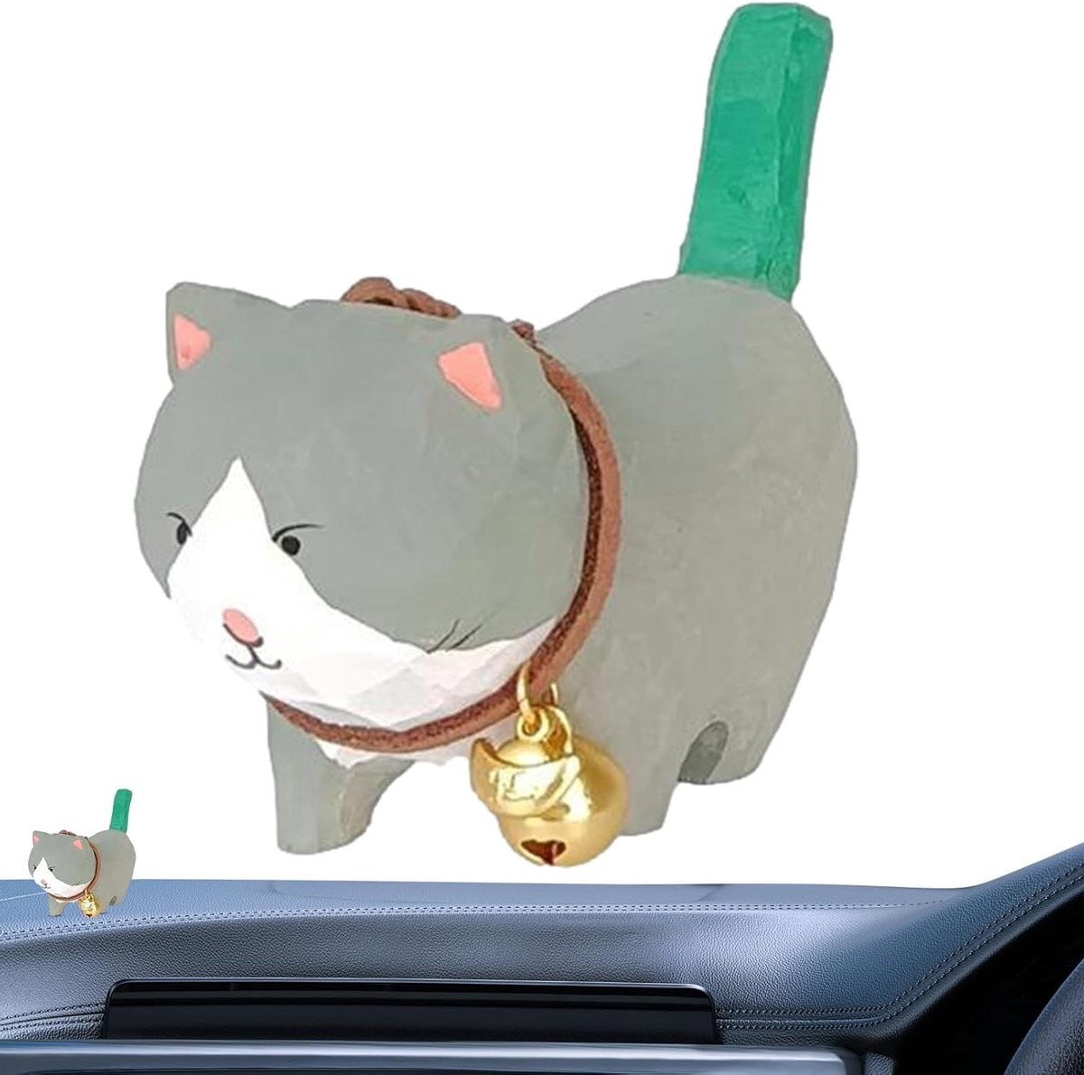 Handgemaakt Houten Kat Figuur met Kleurrijke Bel - Middelgroot Natuurlijk Houten Beeldje voor Bureau Decoratie