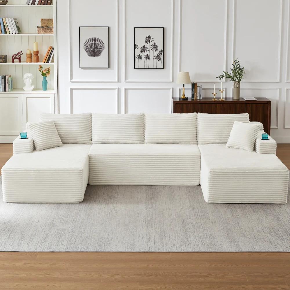 Modulares Sofa - U-förmiges Ecksofa - 6-Sitzer - Cordstoff - Rahmenlos - Ohne Montage - Beige