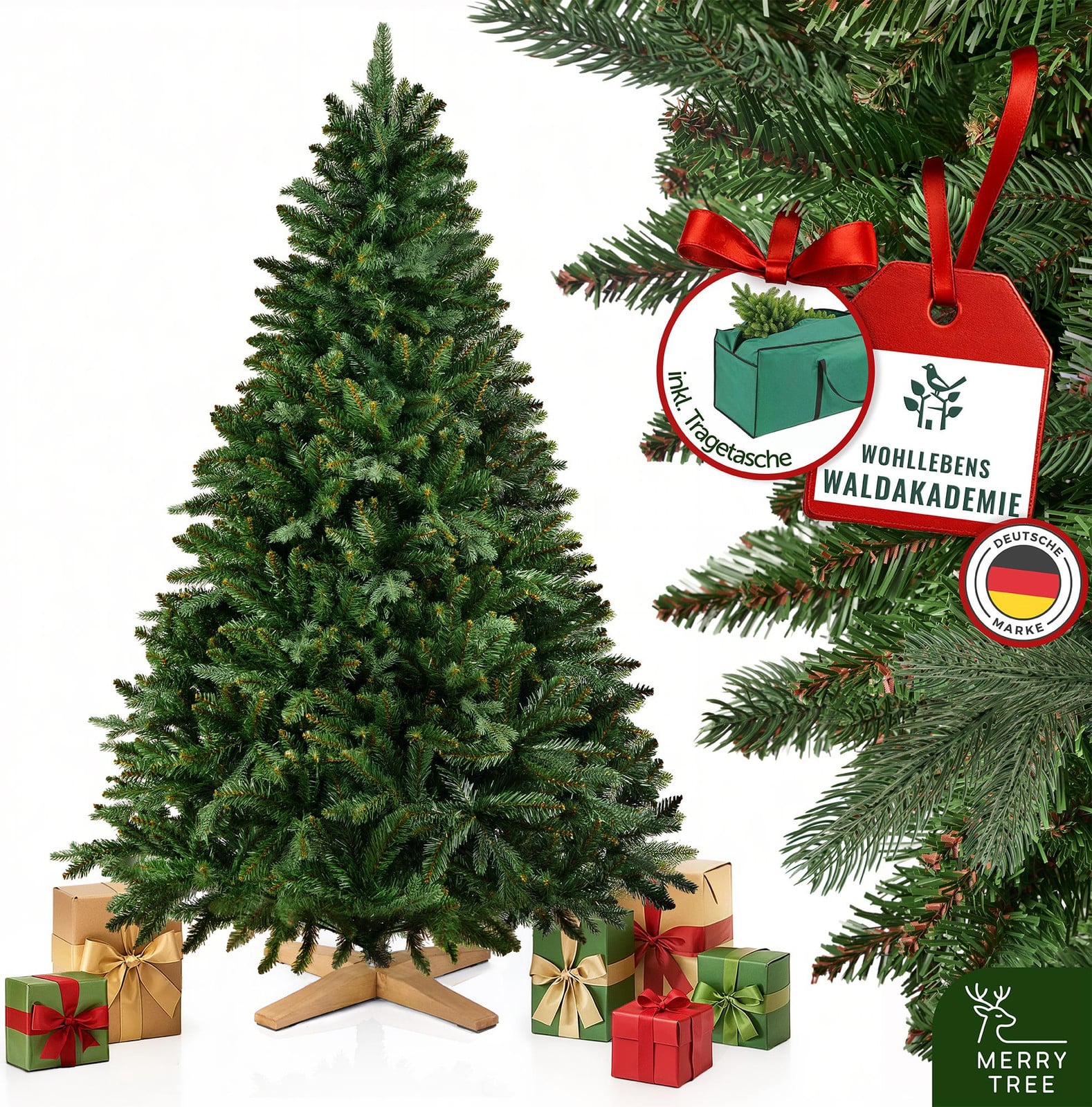 Merry Tree Premium kunstkerstboom Nordmannspar, 180 cm, mix van PE en PVC met houten voet