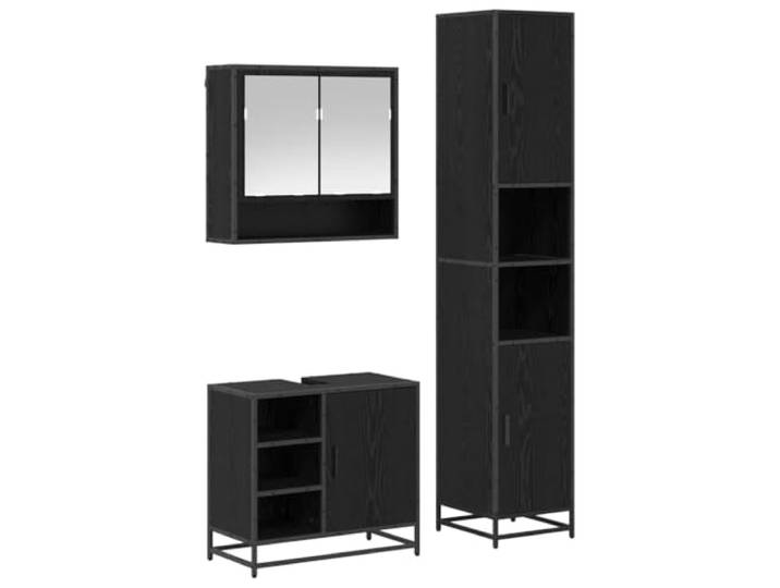 HGPOTUY Badmöbel Set 3 pcs Schwarz Eichen-Optik Holzwerkstoff Wandmontiert, Feuchtigkeitsresistent, Schrank mit Regal, Stangengriffe, Pflegeleicht