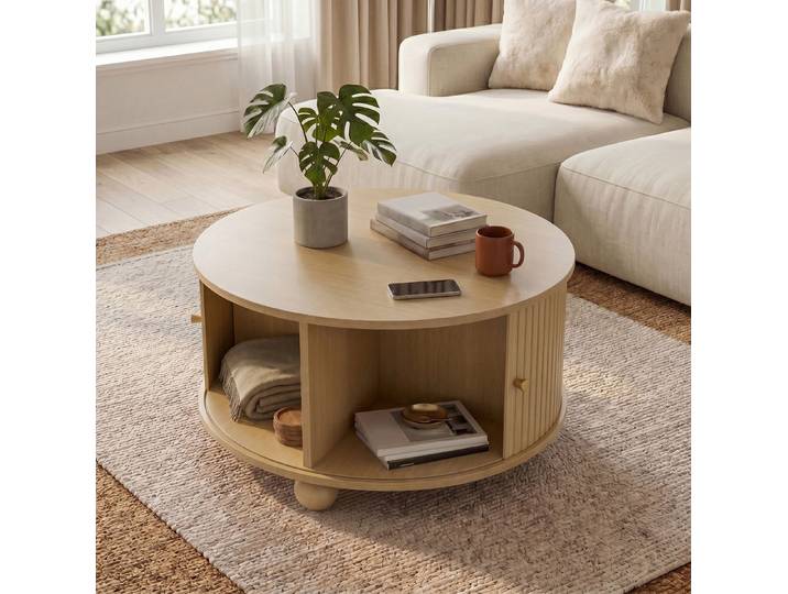 OKWISH Wohnzimmer-Set Kompakte Möbel mit Schiebetüren & Stauraum, (1-St., Natur, 72×72×38 cm, für Wohnzimmer), Rund, 4 Fächer, Relief, Goldgriffe