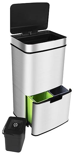 Edelstahl - Mülltrennsysteme mit 3+1 Fächer - Mülleimer mit Sensor - 72 Liter (2x12 + 1x48 L) - Design Treteimer aus Edelstahl - Silber