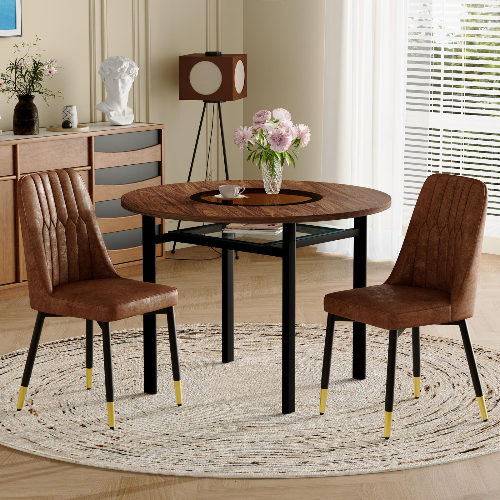 STILVORA Eetset met ronde houtlook tafel en 2 stoelen van technisch textiel, bruin
