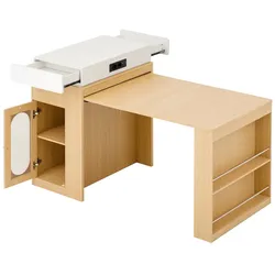 MODFU Ausziehbarer Esstisch MDF/Glas Natur/Weiß 83x46-146,5x96 cm mit Klappplatte, Steckdosen und Stauraum