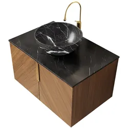 STILVORA Wandhängender Waschtisch Keramik/Sinterstein Schwarz, Braun-Eiche, 76 cm, 2 Türen