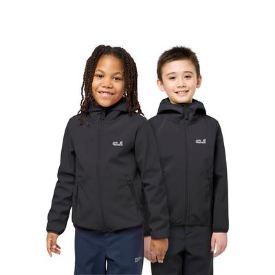 Softshelljacke JACK WOLFSKIN "FOURWINDS JACKET KIDS", Kinder, Gr. 104, schwarz, Obermaterial: 100% Polyester. Futter:100% Polyester, Jacken Softshelljacke, für Kinder, mit fest verbundener Kapuze, winddicht, gefüttert