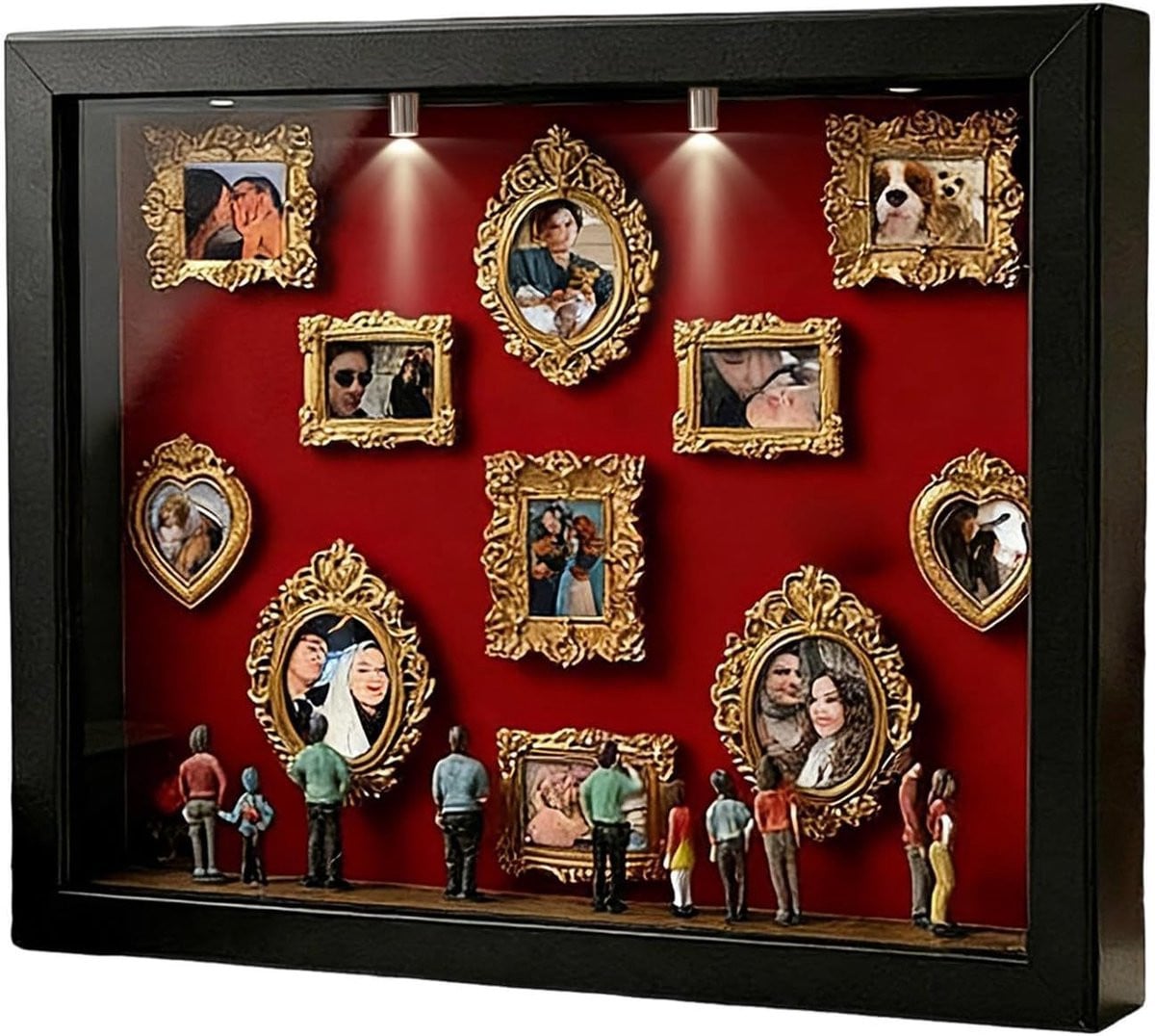 Museum Vitrinekast Miniatuur Display met 11 Mini Fotolijstjes - Zwart - B: 31.4 cm, H: 22.7 cm