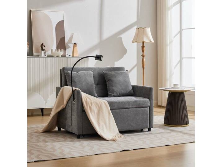 MEUVYX Canapé Convertible 1 Place Pliant avec Port USB et Support pour Tablette Couchage d'appoint en Tissu Effet Lin Gris